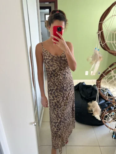 Ladies Vintage Leopard Print Women Sexy Spaghetti Strap Summer Dress Chic Swing Collar Backless Party Club Long Dresses Female photo review
