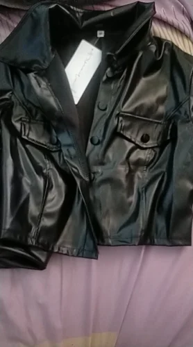 Xeemilo Autumn Faux Leather Short Jacket Y2K Turn-down Collar Fashion Botton Decoration PU Coat 2022 Grunge Street Casual Coats photo review