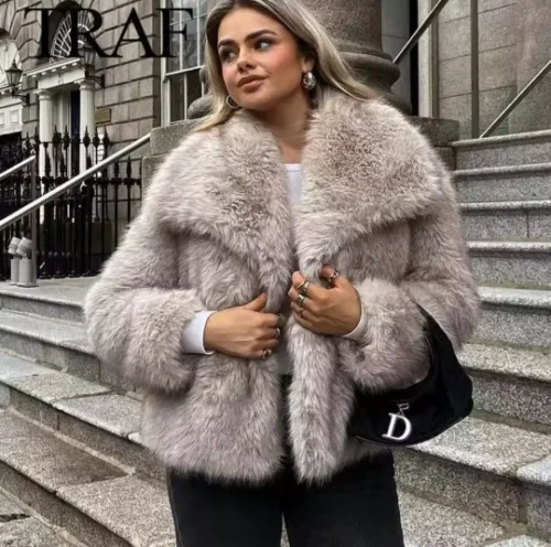 TRAFZA Women Fashion Cropped Faux Fur Jacket Coat Long Sleeve Front Snap-button Female Outerwear Chic Lapel Collar Thick Coat photo review
