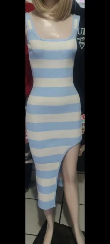 2024 Stripe Summer Elastic Split Bodycon Dress Sexy Beach Vacation Sundress Women Casual Slim Pencil Vestidos Maxi Long Dress photo review