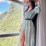 Crochet Colorful Stripe Maxi Dress Women Flare Sleeve V-neck High Split Sexy Long Dresses 2023 New Autumn Beach Banquet Vestidos photo review