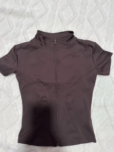 Summer High Quality Waist Slimming Training Tops Women's Quick-drying Tight Stand Collar Full Zipper Short Sleeves Yoga shirts photo review