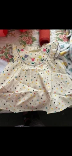 New Cute Girl'S Dress Sweet Rose Embroidered Small Round Dots Korean Version Loose Bubble Sleeve Cotton Beach Skirt photo review
