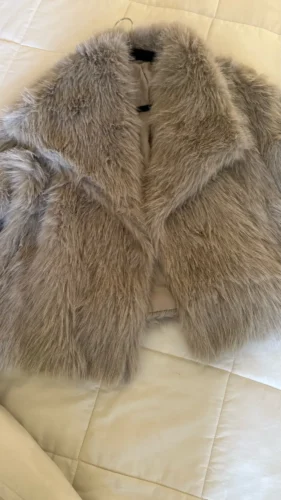 TRAFZA Women Fashion Cropped Faux Fur Jacket Coat Long Sleeve Front Snap-button Female Outerwear Chic Lapel Collar Thick Coat photo review