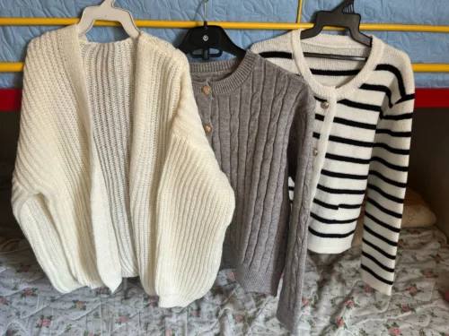 2024 Vintage Long Sleeve Cardigan Women Sweater O-neck Elegant Knitted Top Fashion Autumn Grey Knitwear photo review
