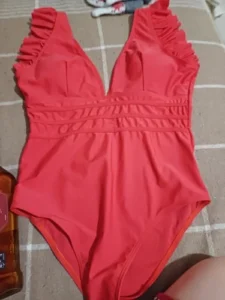 BikinX Solid One Piece Swimsuit Women Red Swimwear Sexy Deep V Neck Swimming Suit Backless High Leg Bathing Suit for Women photo review