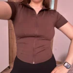 Summer High Quality Waist Slimming Training Tops Women's Quick-drying Tight Stand Collar Full Zipper Short Sleeves Yoga shirts photo review