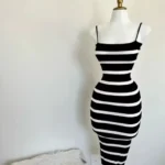 2024 Stripe Summer Elastic Split Bodycon Dress Sexy Beach Vacation Sundress Women Casual Slim Pencil Vestidos Maxi Long Dress photo review