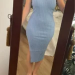 Women V Neck Solid Ribben Knitted Dresses Casual All Match Slimple Sexy Package Hips Bodycon Dress Elegant Vestidos Streetwear photo review