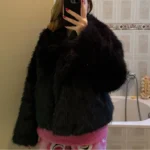 TRAFZA Women Fashion Cropped Faux Fur Jacket Coat Long Sleeve Front Snap-button Female Outerwear Chic Lapel Collar Thick Coat photo review