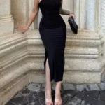 Black Maxi Dress Women Elegant Party Summer Fashion Sexy Split Sleeveless Backless Dress Off Shoulder Streetwear Club Slim Dress photo review