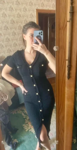 Click to view full screen YuooMuoo 2025 New Arrival Women Knitted Long Dress Elegant V-neck Single-breasted Split Sweater Dress Office Lady Vestidos photo review