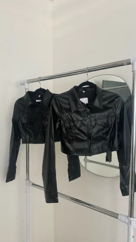 Xeemilo Autumn Faux Leather Short Jacket Y2K Turn-down Collar Fashion Botton Decoration PU Coat 2022 Grunge Street Casual Coats photo review
