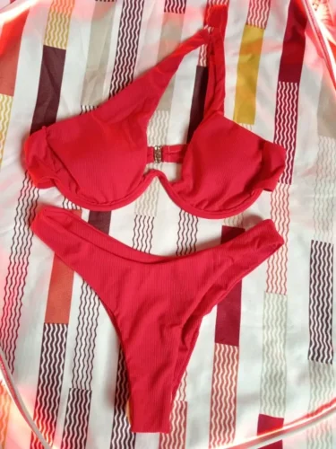 2024 Luxury Two-Pieces Solid Patchwork Underwire Push Up One Shoulder Cut Out Beachwear Swimwear Biqunis Brazilian Thong Bikinis photo review