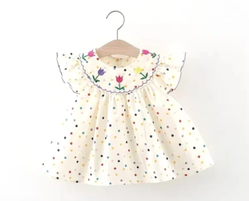 New Cute Girl'S Dress Sweet Rose Embroidered Small Round Dots Korean Version Loose Bubble Sleeve Cotton Beach Skirt photo review