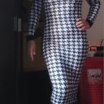Houndstooth Print Women Long Sleeve Midi Dress Hollow Out Bodycon Sexy Streetwear 2022 Autumn Winter Club Elegant Slim photo review