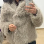 TRAFZA Women Fashion Cropped Faux Fur Jacket Coat Long Sleeve Front Snap-button Female Outerwear Chic Lapel Collar Thick Coat photo review