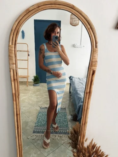 2024 Stripe Summer Elastic Split Bodycon Dress Sexy Beach Vacation Sundress Women Casual Slim Pencil Vestidos Maxi Long Dress photo review