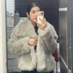 TRAFZA Women Fashion Cropped Faux Fur Jacket Coat Long Sleeve Front Snap-button Female Outerwear Chic Lapel Collar Thick Coat photo review