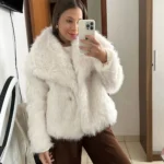 TRAFZA Women Fashion Cropped Faux Fur Jacket Coat Long Sleeve Front Snap-button Female Outerwear Chic Lapel Collar Thick Coat photo review