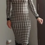 Houndstooth Print Women Long Sleeve Midi Dress Hollow Out Bodycon Sexy Streetwear 2022 Autumn Winter Club Elegant Slim photo review