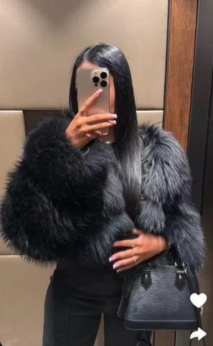 TRAFZA Women Fashion Cropped Faux Fur Jacket Coat Long Sleeve Front Snap-button Female Outerwear Chic Lapel Collar Thick Coat photo review