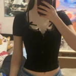 Halter Neck Lace Trim Bow Cute Black Y2K T-Shirt Women Button Up Slim Short Sleeve White Tees Sweet Balletcore Clothing photo review