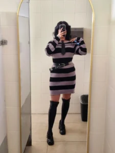 Women Striped Mini Bodycon Dress Stripe Boat-Neck Off Shoulder Long Sleeve Short Dress Spring Autumn Wrapped Hip Party Dress photo review