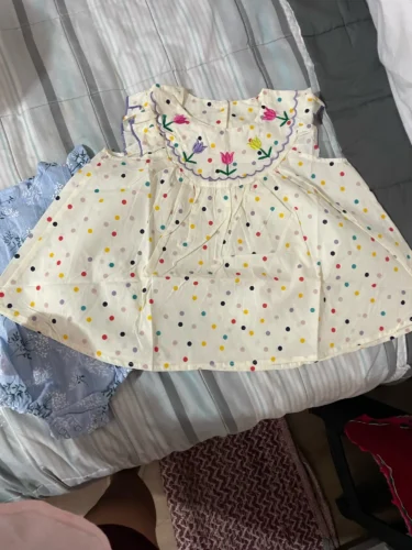 New Cute Girl'S Dress Sweet Rose Embroidered Small Round Dots Korean Version Loose Bubble Sleeve Cotton Beach Skirt photo review