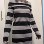 Women Striped Mini Bodycon Dress Stripe Boat-Neck Off Shoulder Long Sleeve Short Dress Spring Autumn Wrapped Hip Party Dress photo review
