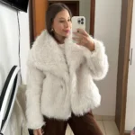 TRAFZA Women Fashion Cropped Faux Fur Jacket Coat Long Sleeve Front Snap-button Female Outerwear Chic Lapel Collar Thick Coat photo review