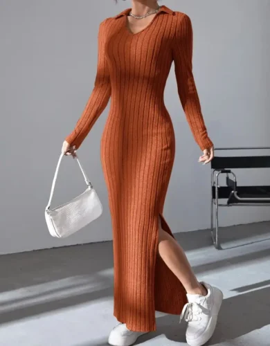 Women sexy knit V-neck reverse neck split dress autumn winter full sleeve elastic basic body sweater photo review