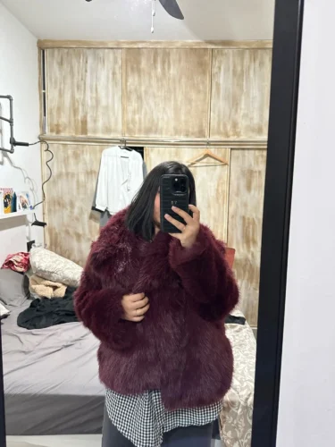 TRAFZA Women Fashion Cropped Faux Fur Jacket Coat Long Sleeve Front Snap-button Female Outerwear Chic Lapel Collar Thick Coat photo review