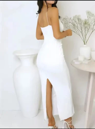 Sexy Black Long Bodycon Dress Women Summer Sleeveless Blackless Halter Neck Spaghetti Strap Dresses High Split Vestidos photo review