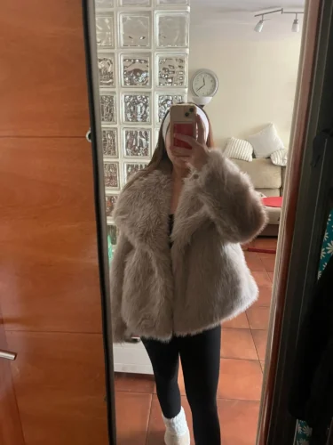 TRAFZA Women Fashion Cropped Faux Fur Jacket Coat Long Sleeve Front Snap-button Female Outerwear Chic Lapel Collar Thick Coat photo review