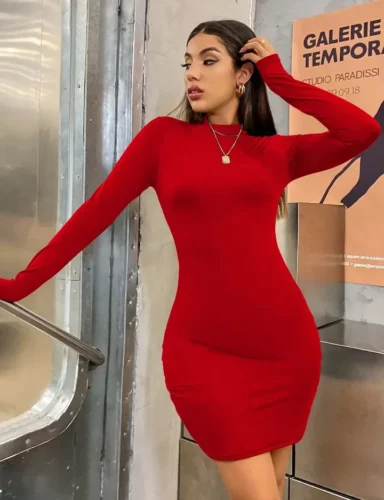 Long Sleeve Slim Bodycon Mini Dress Women Turtleneck Pleated Party Ruched Short Evening Club Outfit Soild Color photo review