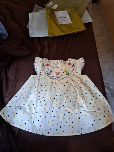 New Cute Girl'S Dress Sweet Rose Embroidered Small Round Dots Korean Version Loose Bubble Sleeve Cotton Beach Skirt photo review