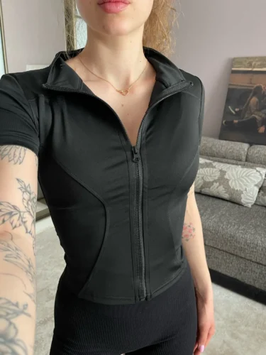Summer High Quality Waist Slimming Training Tops Women's Quick-drying Tight Stand Collar Full Zipper Short Sleeves Yoga shirts photo review