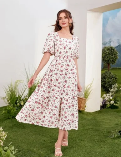 Click to view full screen Spring Summer Chiffon Dress Women Midi DressesFemale Short Sleeve Elastic Waist Printed Floral Pleated Backless Casual Dress photo review