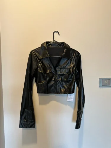 Xeemilo Autumn Faux Leather Short Jacket Y2K Turn-down Collar Fashion Botton Decoration PU Coat 2022 Grunge Street Casual Coats photo review