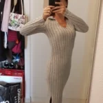 Women sexy knit V-neck reverse neck split dress autumn winter full sleeve elastic basic body sweater photo review