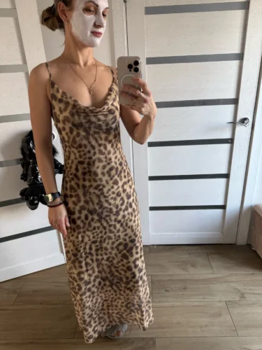 TRAFZA 2024 Women Summer Vintage Leopard Print Dress Sleeveless Backless Suspender Female Slim Casual Beach Party Long Dress photo review