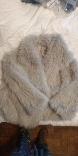 TRAFZA Women Fashion Cropped Faux Fur Jacket Coat Long Sleeve Front Snap-button Female Outerwear Chic Lapel Collar Thick Coat photo review