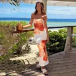 CUTENOVA Women's 2024 New Flower Printed Tubeless Dress Casual Vacation Off Shoulder Slim Beach Floor Length Long Dress photo review