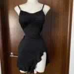 Sexy Summer Mini Dress Women New Black Fashion Streetwear Sleeveless Backless Folds Split Dress Elegant Party Strap A-LINE Dress photo review