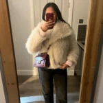 TRAFZA Women Fashion Cropped Faux Fur Jacket Coat Long Sleeve Front Snap-button Female Outerwear Chic Lapel Collar Thick Coat photo review
