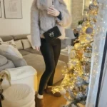 TRAFZA Women Fashion Cropped Faux Fur Jacket Coat Long Sleeve Front Snap-button Female Outerwear Chic Lapel Collar Thick Coat photo review
