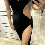 kliou Hollow Women Dresses Sexy Shirring Chic Cut Shape Incline Shoulder Solid Side Split Bodycon Midnight Party Clubwear Robe photo review