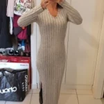 Women sexy knit V-neck reverse neck split dress autumn winter full sleeve elastic basic body sweater photo review