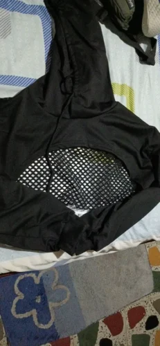 Street Sport Drop Shoulder Drawstring Hollow Out Super Crop Sports Hoodie Without Cami Top photo review